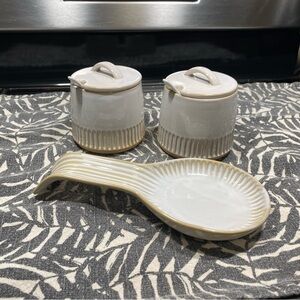 Sugar and Cream Ceramic Canister Set with Spoon Rest Cream